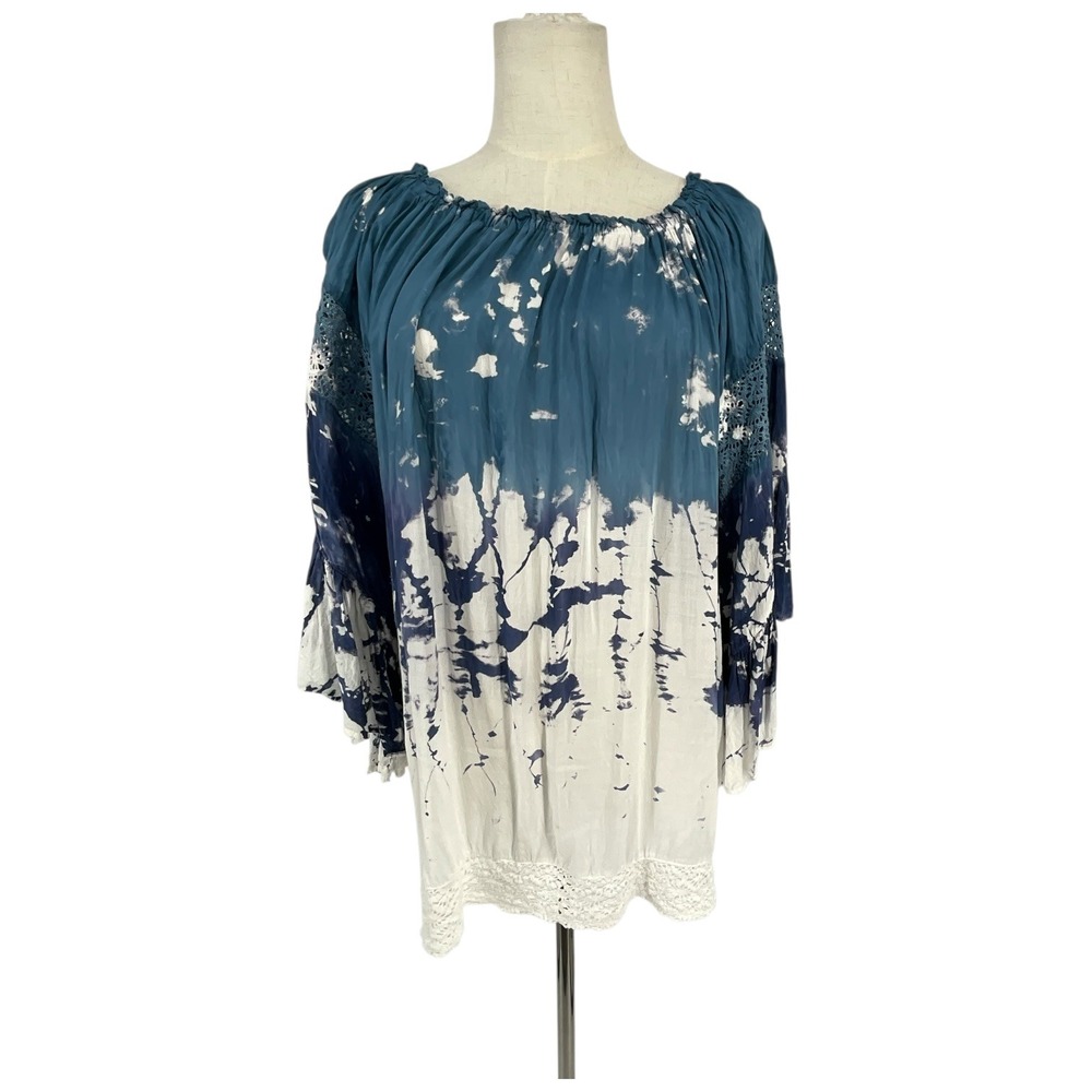 Surf Gypsy Tie Dye Off Shoulder Bell Sleeve Boho Lace Trim Blouse Top Womens M